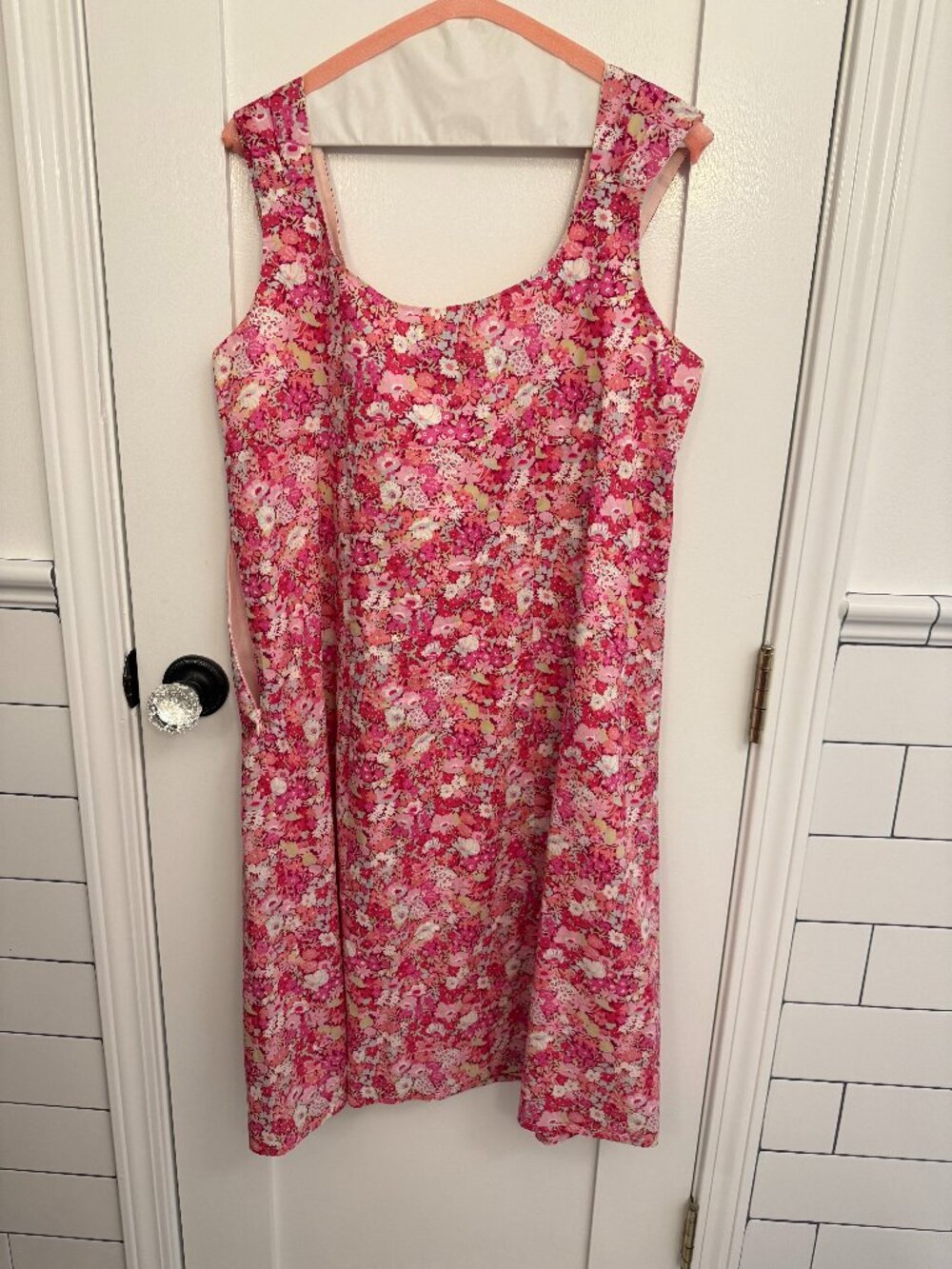 Pink cotton knee A-line length floral dress, size 14